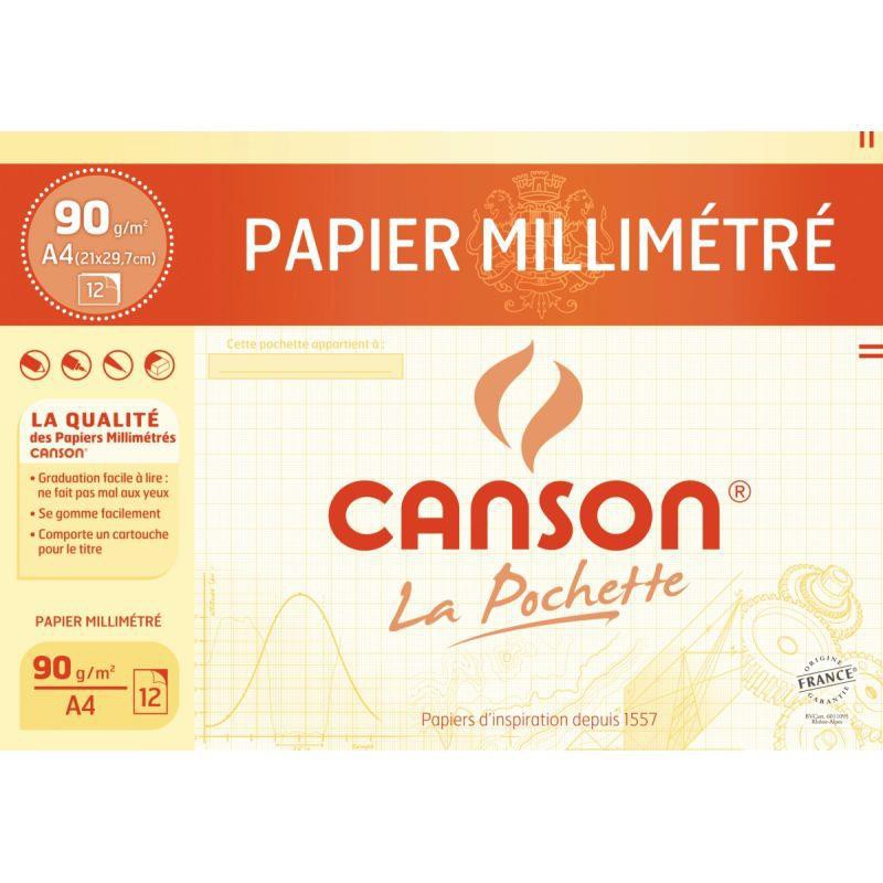 Pochette 12 feuilles papier millimétré 21 x 29,7 cm 90 g CANSON