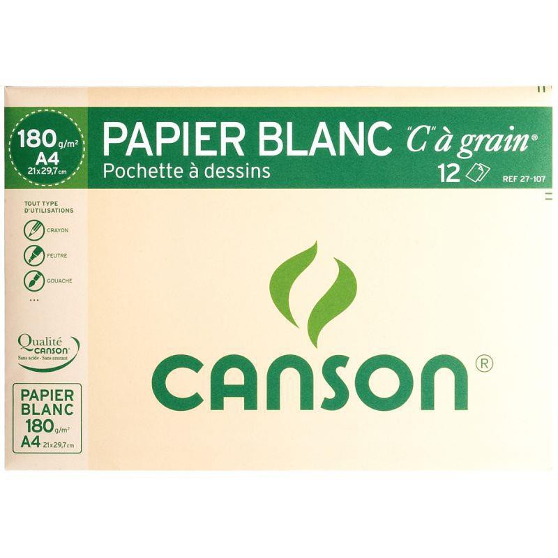 Pochette 12 feuilles de papier à dessin blanc C à grain 21 x 29,7 cm 180  g CANSON
