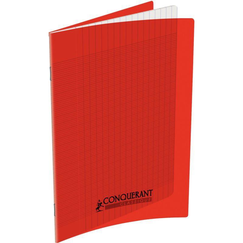 Cahier 32 pages seyès 90 g, couverture polypropylène rouge, format 17 x 22 cm  CONQUERANT