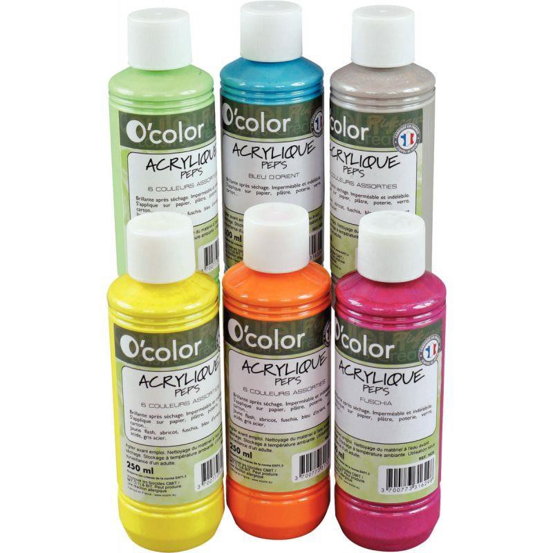 Lot de 6 flacons de 250 ml de peinture acrylique O'COLOR couleurs nacrées