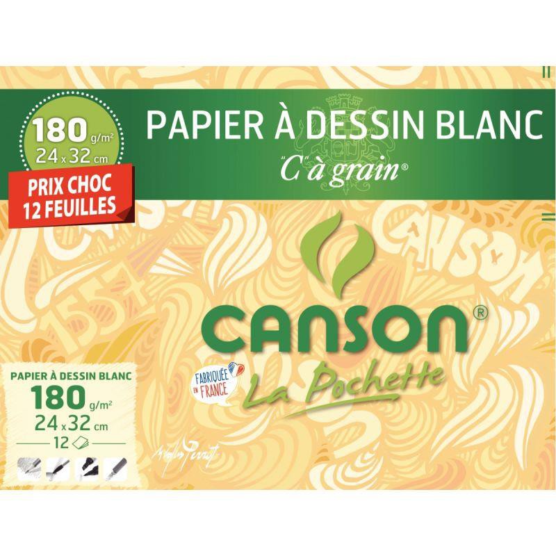 Pochette 12 feuilles de papier à dessin blanc "C" à grain 24 x 32 cm 180 g CANSON