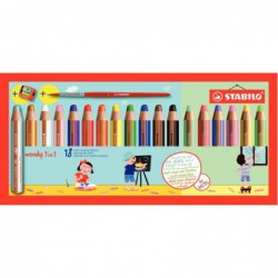 Étui de 18 crayons de couleur dont 6 pastels STABILO woody 3in1 + 1 taille-crayons + 1 pinceau