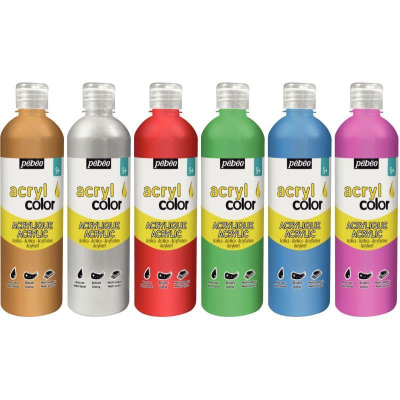 Carton de 6 flacons de 500 ml de peinture acrylique PEBEO ACRYLCOLOR  couleurs métalliques et nacrées