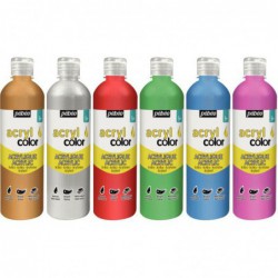 Carton de 6 flacons de 500 ml de peinture acrylique PEBEO ACRYLCOLOR couleurs métalliques et nacrées assorties