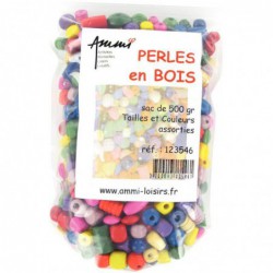 Sachet de 500 g de perles en bois mixtes couleurs vives assorties