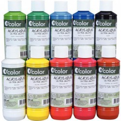 Lot de 10 flacons de 250 ml de peinture acrylique O'COLOR couleurs assorties